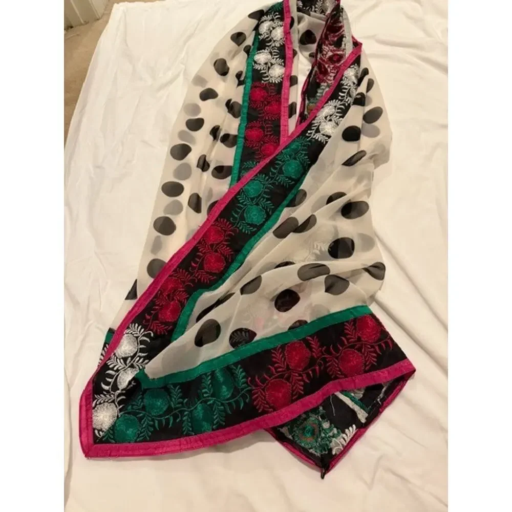 VTG Artisan Embroidered Sheer Shawl Wrap Oversized Polka Dot Floral 87